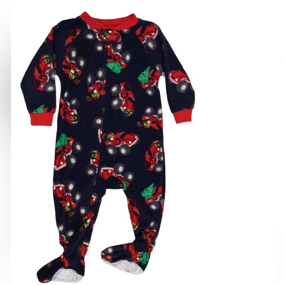 Christmas Monster Truck Fleece Footed Pajamas Size 12 Months - Picture 1 of 4